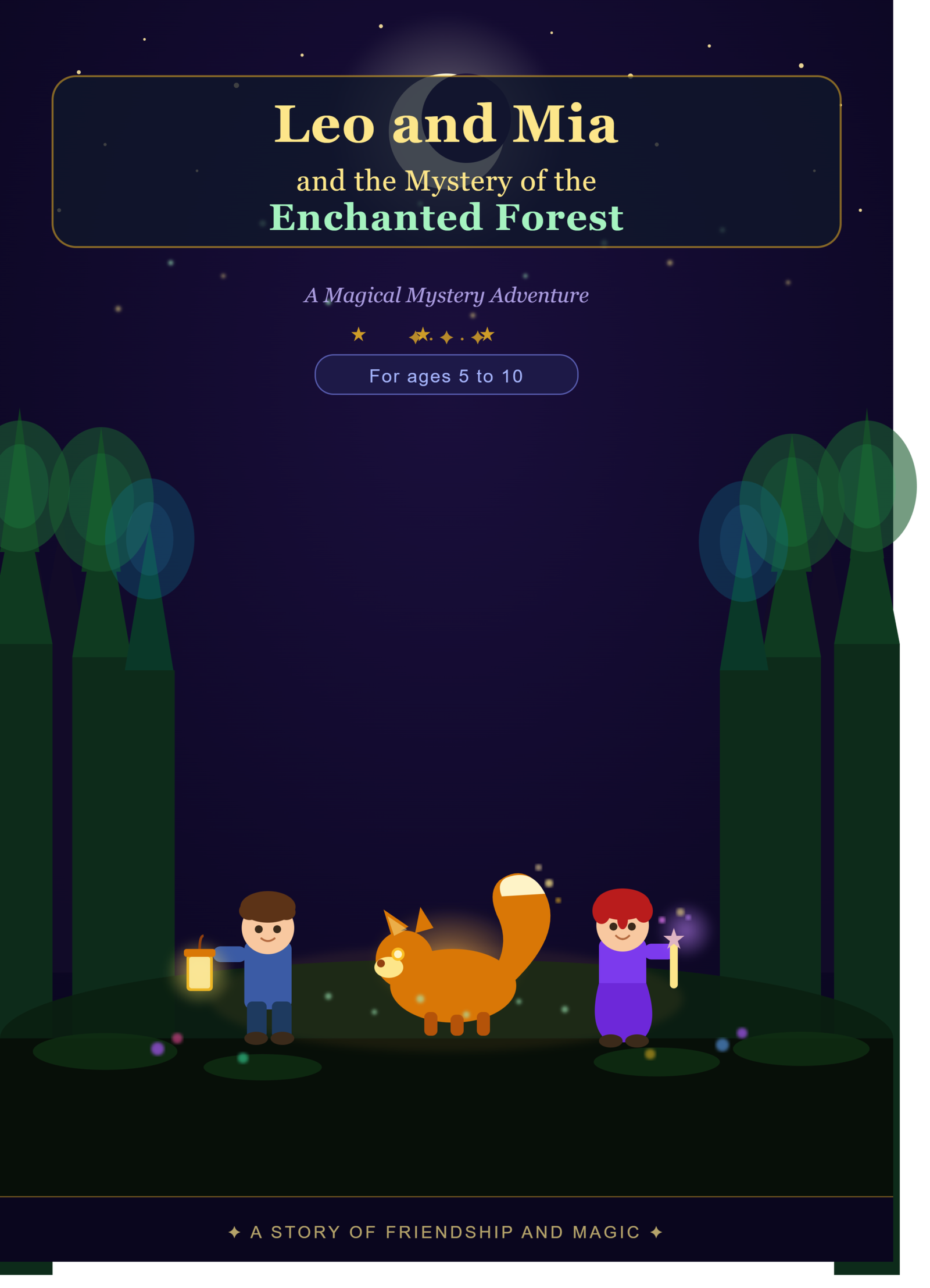 Leo and Mia and the Mystery of the Enchanted Forest — children's adventure book cover by Kalpana Patel